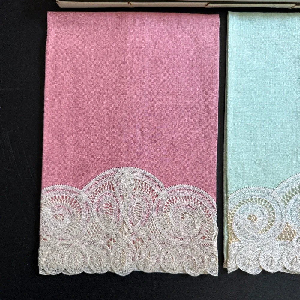 Maison Antoine Brussels Lace Linen Placemats Pink Green Vintage Set of 2